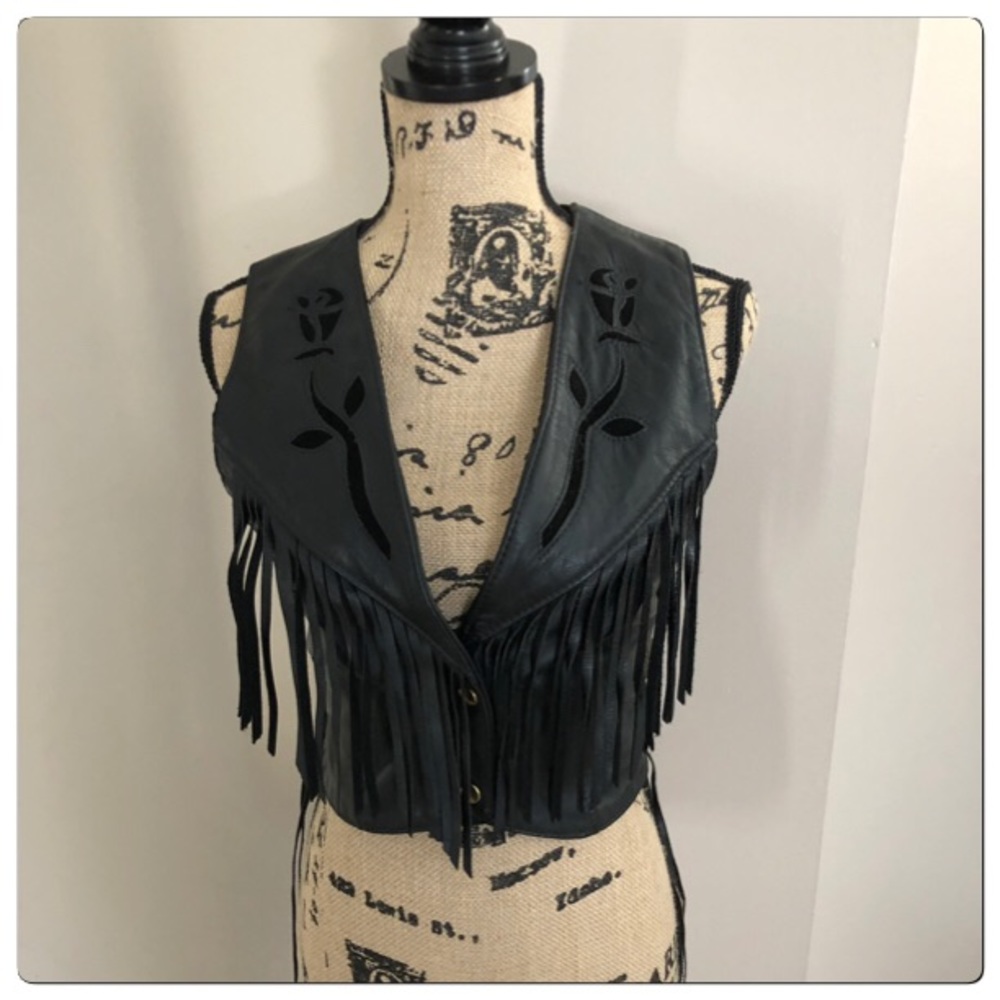 Vintage Fringe Black Leather Vest with Rose Inlay